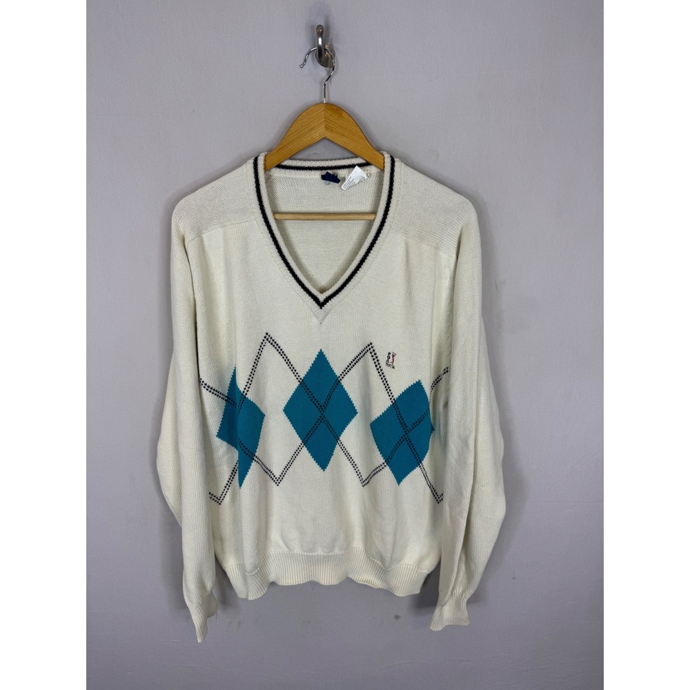 Vintage PGA Tour Argyle Sweater Mens XL Cream Teal V-Neck Cotton Hong Kong
